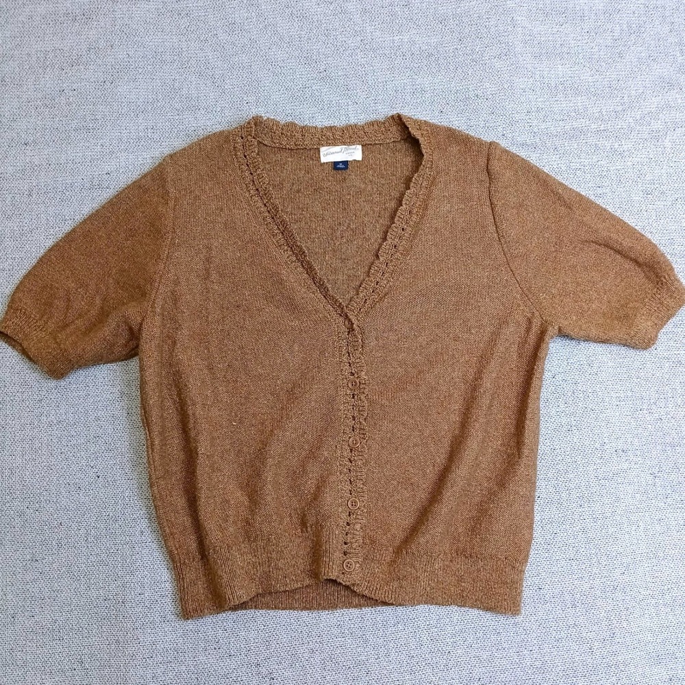Universal Thread Cardigan Womens Medium Brown Excellent Short Sleeve Pointelle